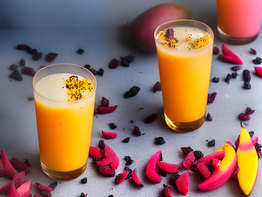 A tall glass of mango dragonfruit refresher adorned with dragonfruit pieces on the side of the glass.