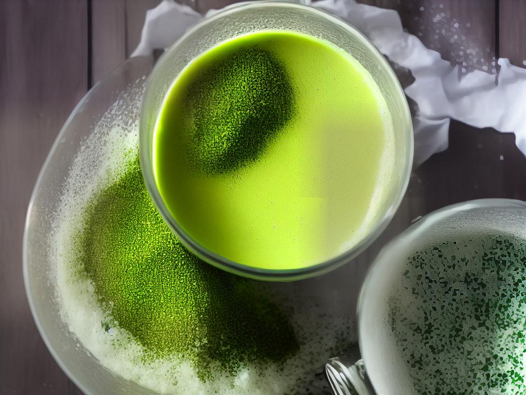 A cup of green liquid with frothy white milk on top and a green sprinkle dusting