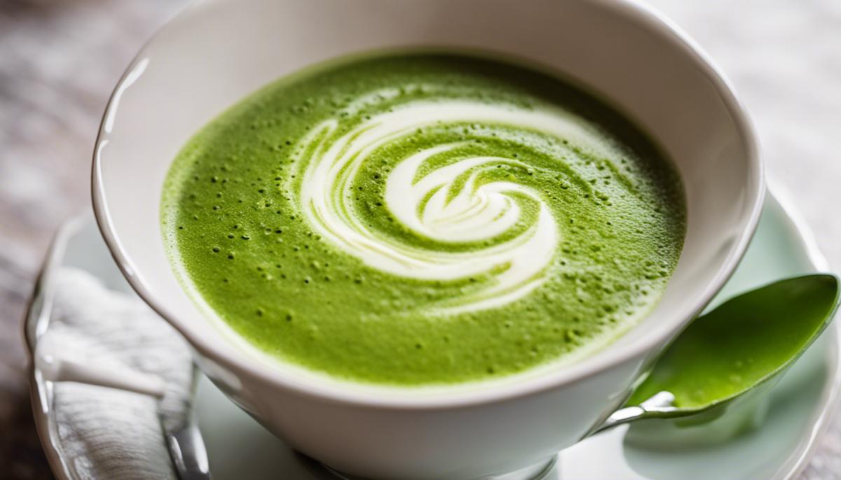 A cup of matcha latte with a vibrant green color and a frothy swirl on top, appealing to the senses.