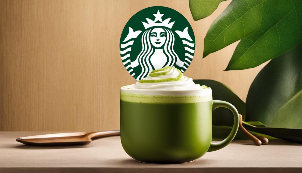 A vibrant and indulgent Matcha Latte from Starbucks, with a backdrop of the iconic Starbucks logo, signaling the status and luxury of the drink for the visually impaired.