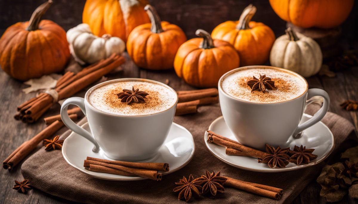 A steaming mug of Pumpkin Spice Chai Tea Latte with cinnamon garnish and pumpkin pie spices sprinkled on top, evoking the cozy feelings of autumn.