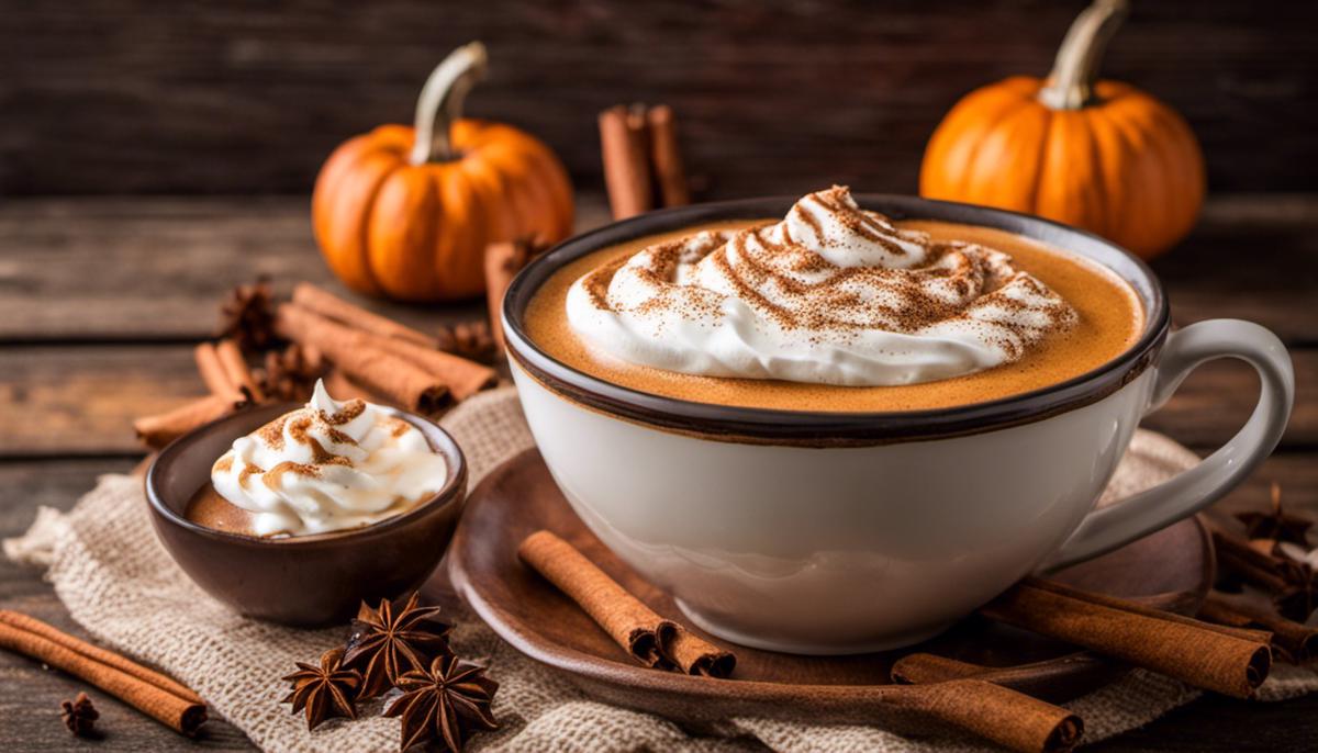 A warm cup of Pumpkin Spice Chai Tea Latte topped with whipped cream and sprinkled with cinnamon, representing the cozy flavors of fall and indulgence.