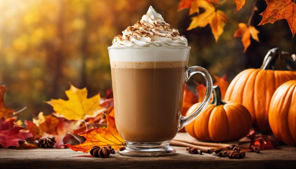Image description: A cup of Pumpkin Spice Latte with whipped cream and pumpkin spice sprinkled on top, surrounded by autumn leaves.