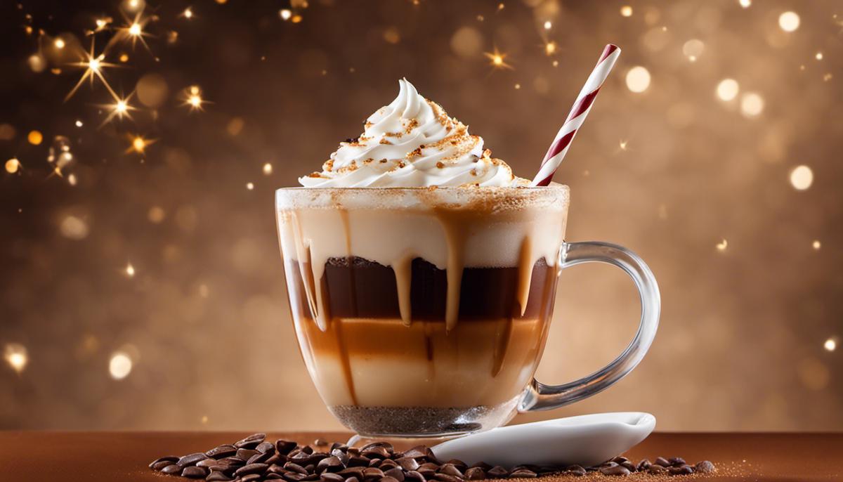 A visually-appealing image of a Salted Caramel Mocha, showcasing the layers of rich espresso, creamy milk, toasted caramel, velvety chocolate, and a sprinkle of sea salt, topped with whipped cream and a sprinkle of sugar crystals.