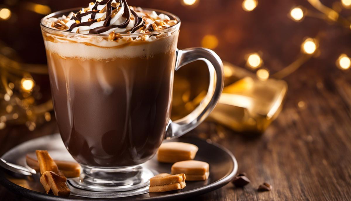 A tempting image of a salted caramel mocha with aesthetically pleasing decorations and toppings