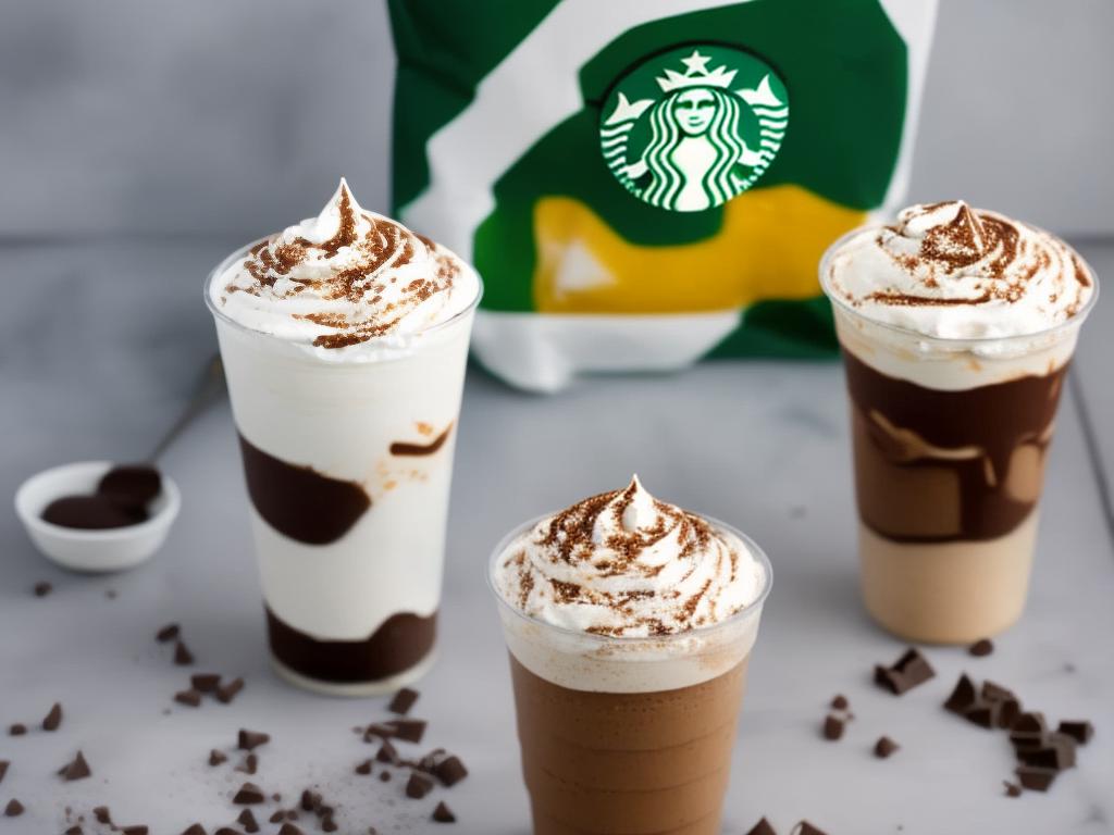 A picture of a Starbucks S'mores Frappuccino topped with whipped cream and chocolate drizzle, served in a clear plastic cup with Starbucks logo on it. The frappuccino looks delicious and perfect for a hot summer day.