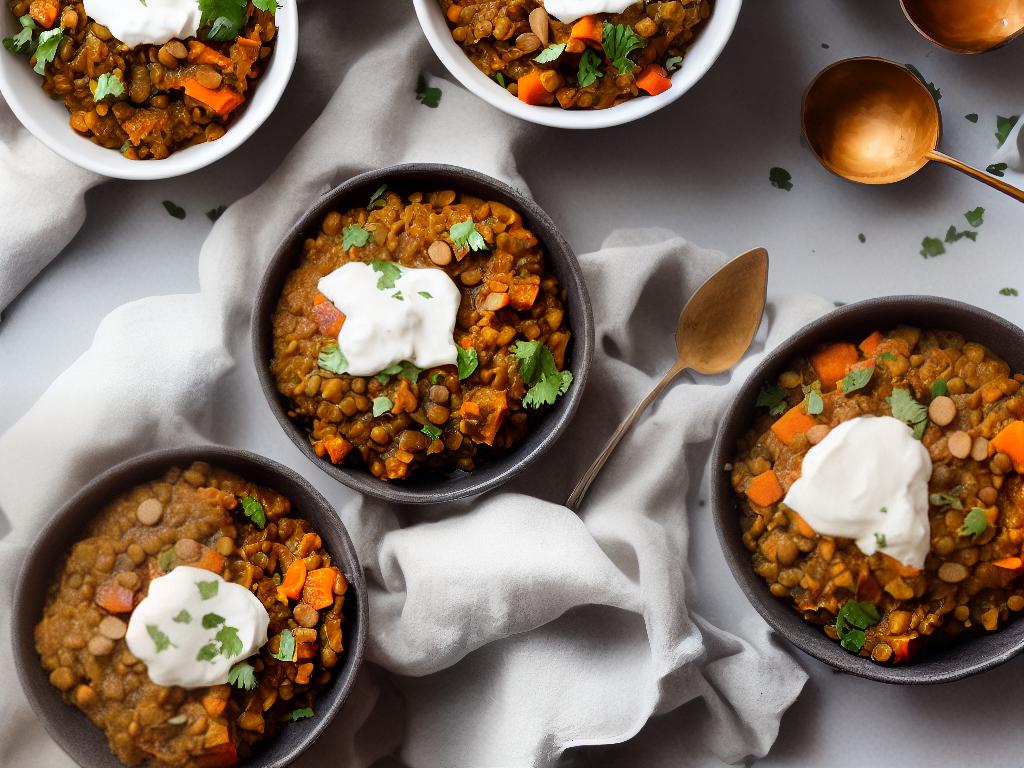A bowl of the Spiced Pumpkin and Lentil Hot Box filled with pumpkin, lentils, veggies, and topped with vegan yogurt.