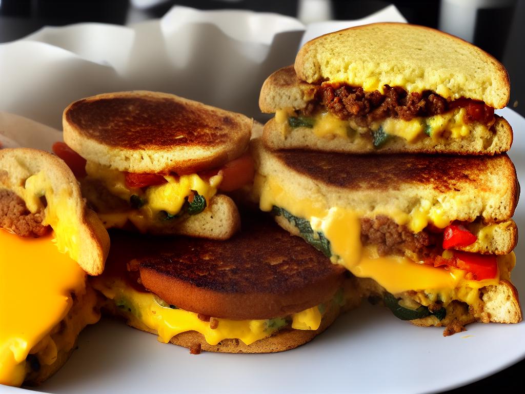 A picture of the Beyond Meat breakfast sandwich available at Starbucks, consisting of a plant-based sausage patty, a slice of cheddar cheese, a tofu-based egg patty, and an English muffin