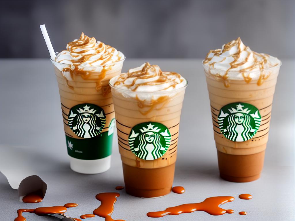 A Starbucks Caramel Ribbon Crunch Frappuccino in a clear plastic cup with whipped cream and a caramel sauce drizzle on top.