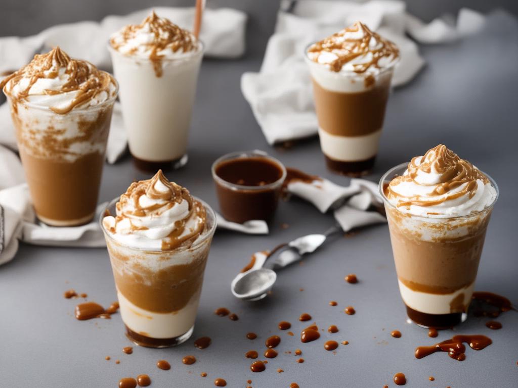 A photo of the Starbucks Caramel Ribbon Crunch Frappuccino in a plastic clear cup with whipped cream, dark caramel sauce drizzle, and caramelized sugar topping.