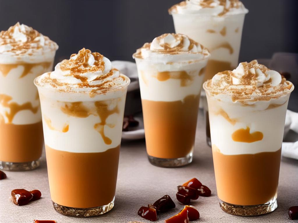 A picture of a delicious Starbucks drink called the Caramel Ribbon Crunch Frappuccino with whipped cream and caramel on top. It is the perfect drink for a hot summer day.