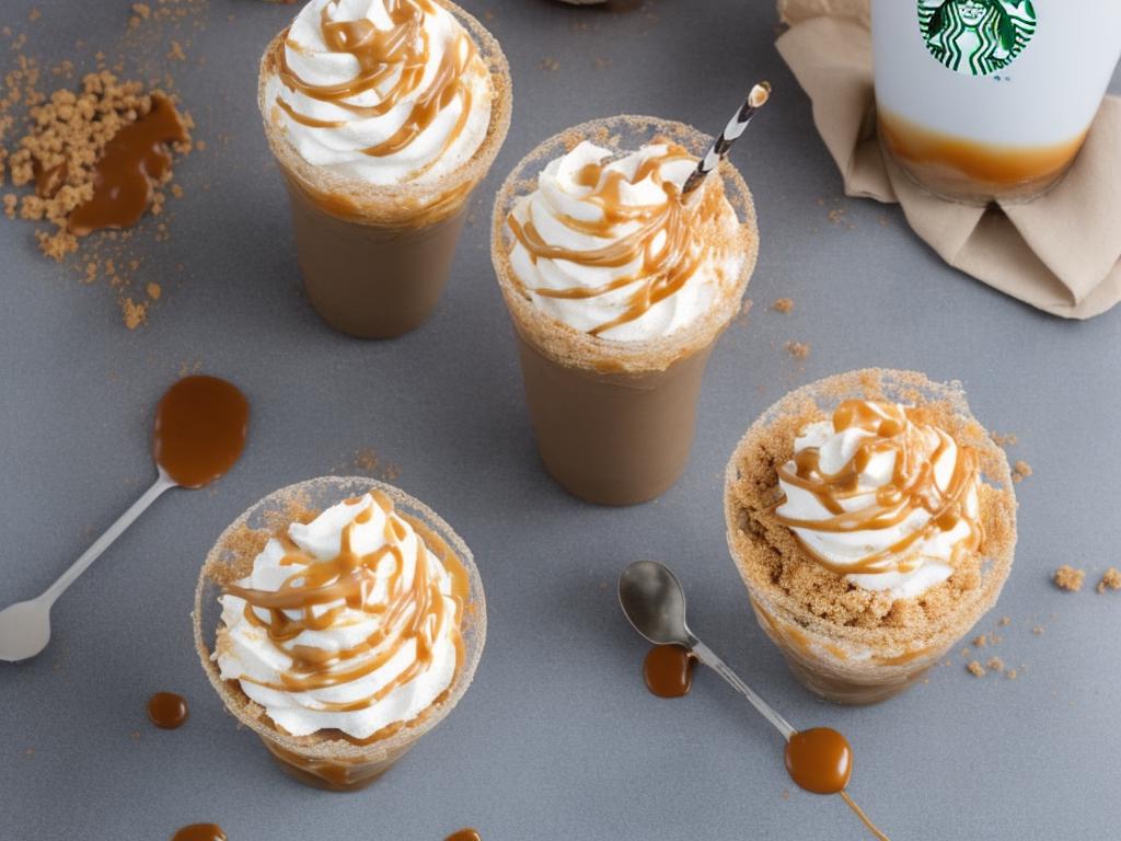 A delicious Starbucks Caramel Ribbon Crunch Frappuccino drizzled with caramel and topped with whipped cream and caramel crumbles.