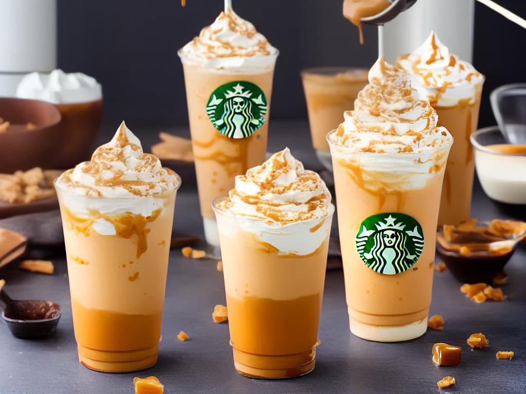 A delicious Starbucks Caramel Ribbon Crunch Frappuccino with whipped cream and caramel drizzle on top.
