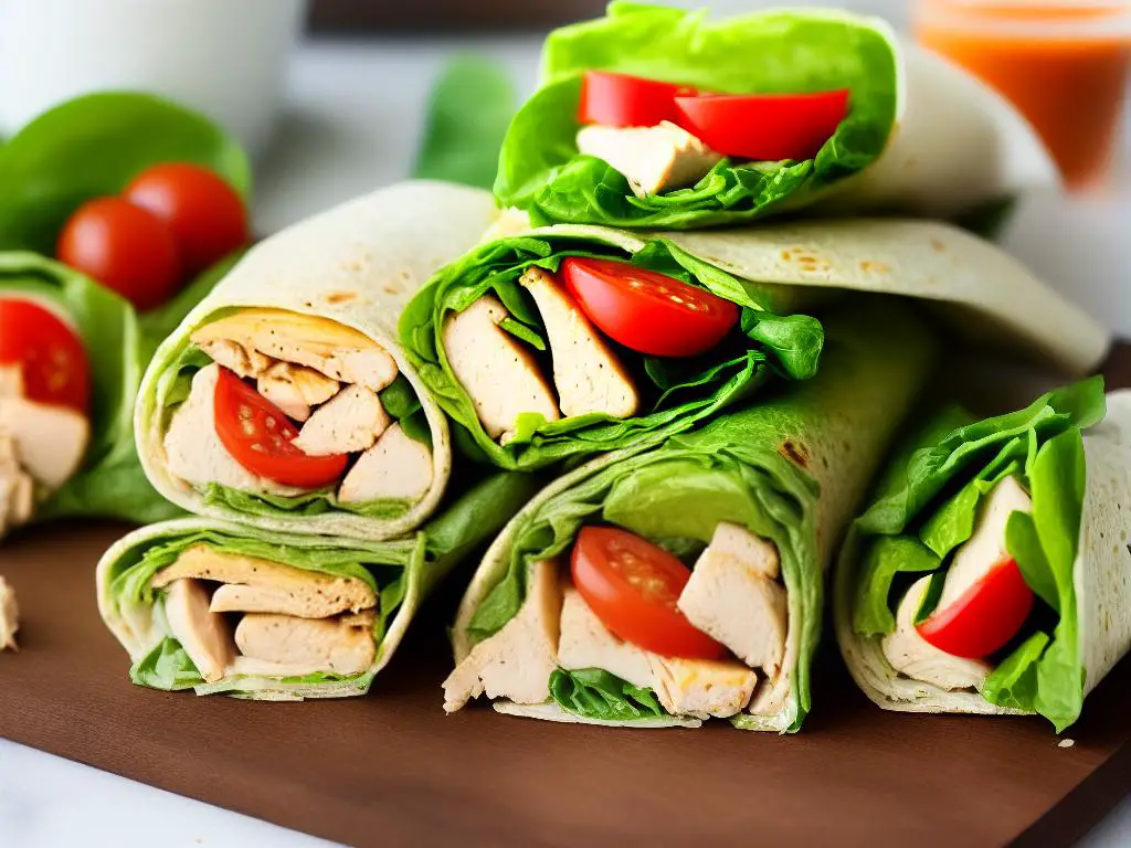 A picture of Starbucks Chicken Caesar Wrap with grilled chicken, lettuce, Parmesan cheese, tomato, and Caesar dressing wrapped in a spinach tortilla. 