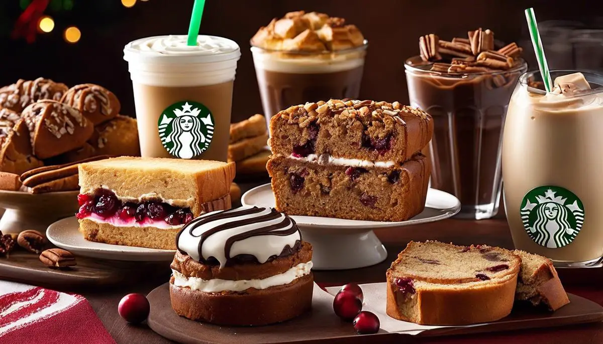 Image of various Starbucks Christmas food items such as Cranberry Bliss Bar, Gingerbread Loaf, Turkey & Stuffing Panini, Chocolate Swirl Brioche, etc.