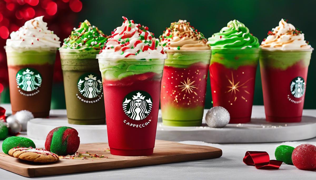 A captivating image of a Starbucks Christmas Frappuccino, with vibrant red and green colors, adorned with red whipped cream and caramel drizzles. Toppings like green matcha-infused sugar and crispy red cookie flakes provide a delightful contrast, representing the festive season.