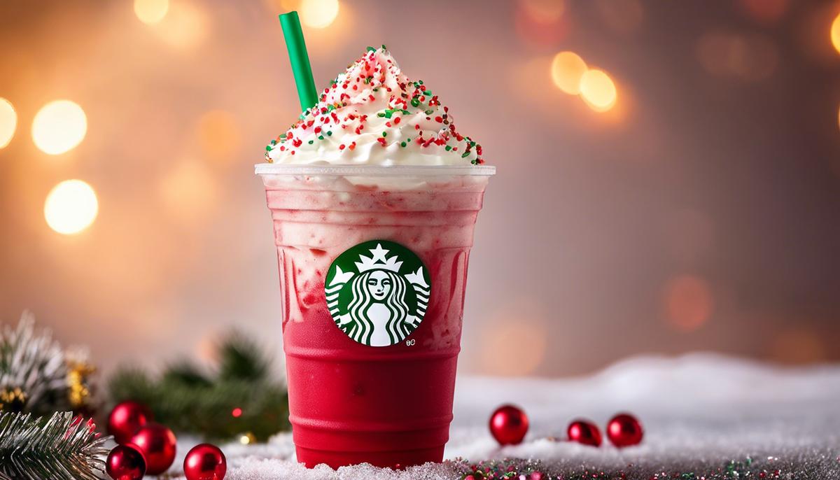 A delicious and festive Starbucks Christmas Frappuccino. It is served in a transparent cup topped with whipped cream and garnished with holiday sprinkles. The drink is a creamy blend of rich flavors and is decorated with a candy cane striped straw.
