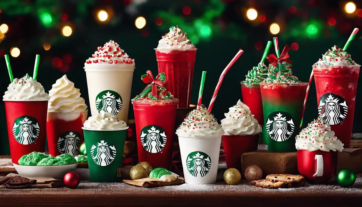 An image of a festive Starbucks Christmas menu with a variety of drinks, decorated with red and green sprinkles on whipped cream toppings.