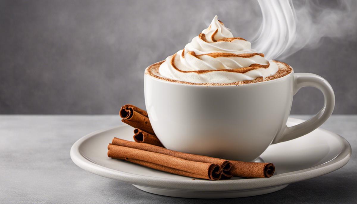 A steaming cup of Starbucks' Cinnamon Dolce Latte with whipped cream and a dusting of cinnamon, evoking warmth and comfort.