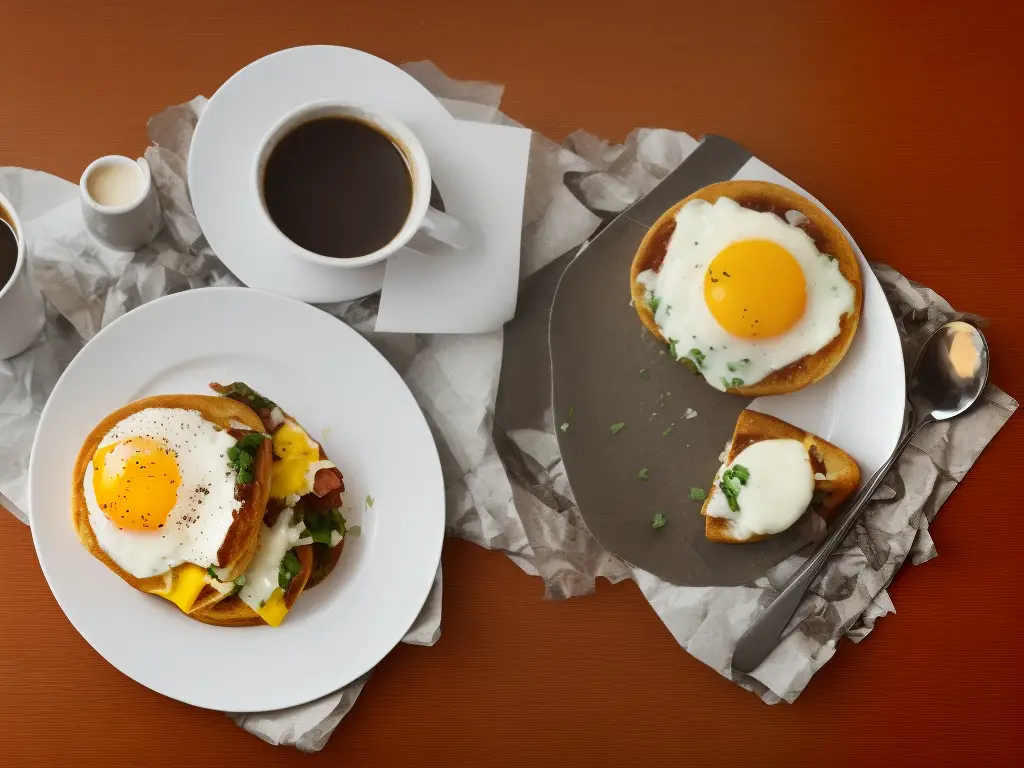 An image of a hot breakfast sandwich and a cup of coffee with the Starbucks logo in the background.
