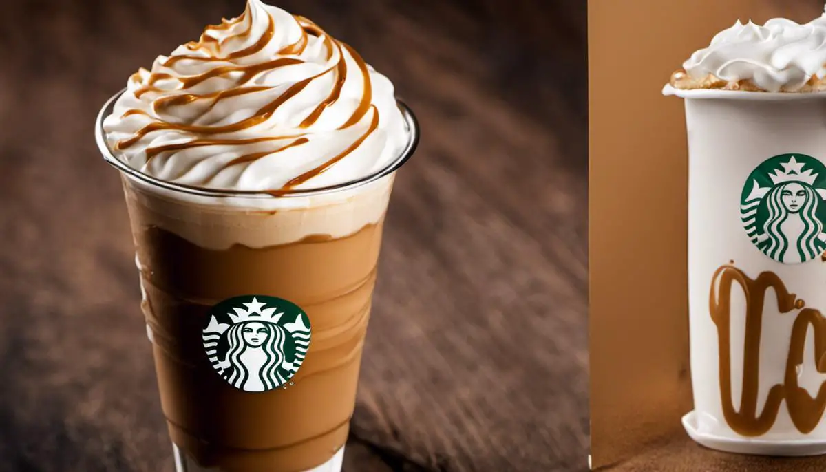 A delicious caramel-drizzled latte topped with whipped cream served in a Starbucks cup featuring the siren logo.