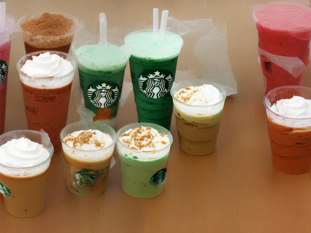 A picture of a group of 4 Starbucks blended drinks including the strawberries and creme frappuccino, caramel ribbon crunch frappuccino, java chip frappuccino, and mocha cookie crumble frappuccino in clear plastic cups with lids and straws.