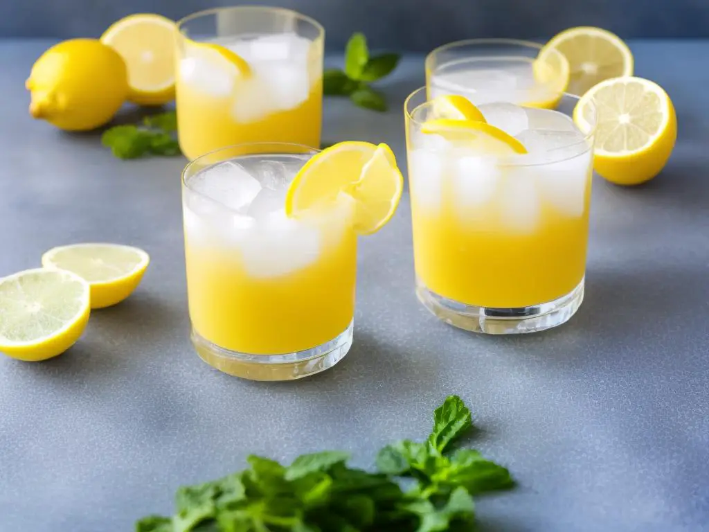 A glass of Frozen Lemonade with lemon slices and ice cubes, perfect for beating the summer heat.
