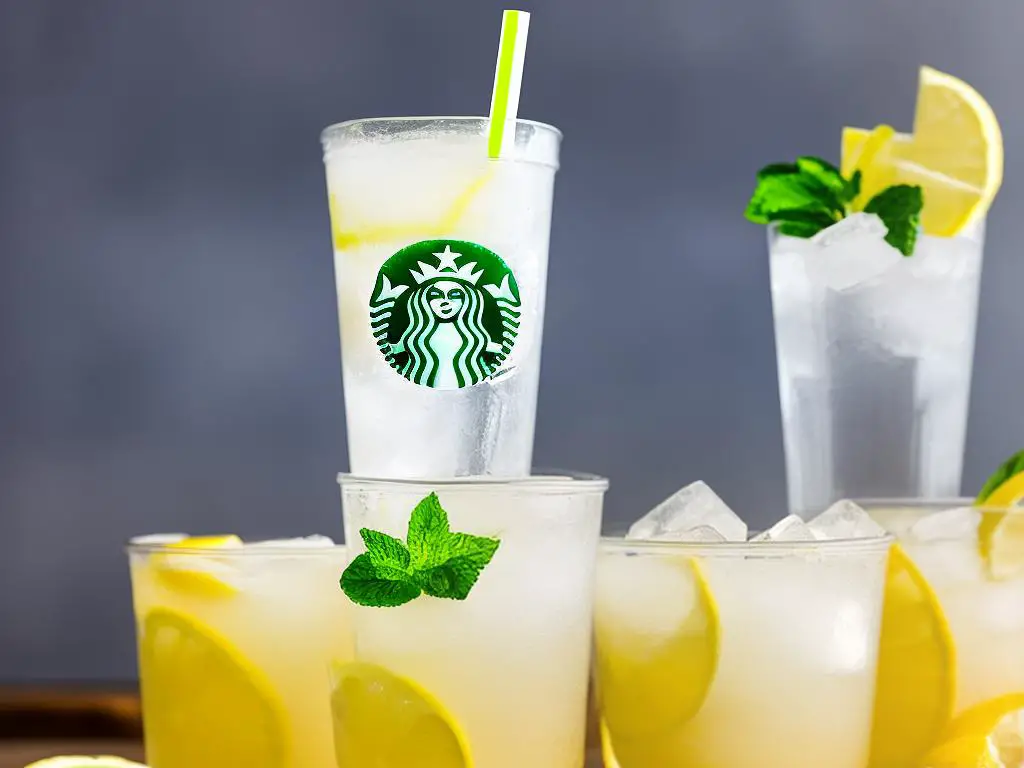 A refreshing glass of Frozen Lemonade from Starbucks, with lemon slices and ice cubes floating on top