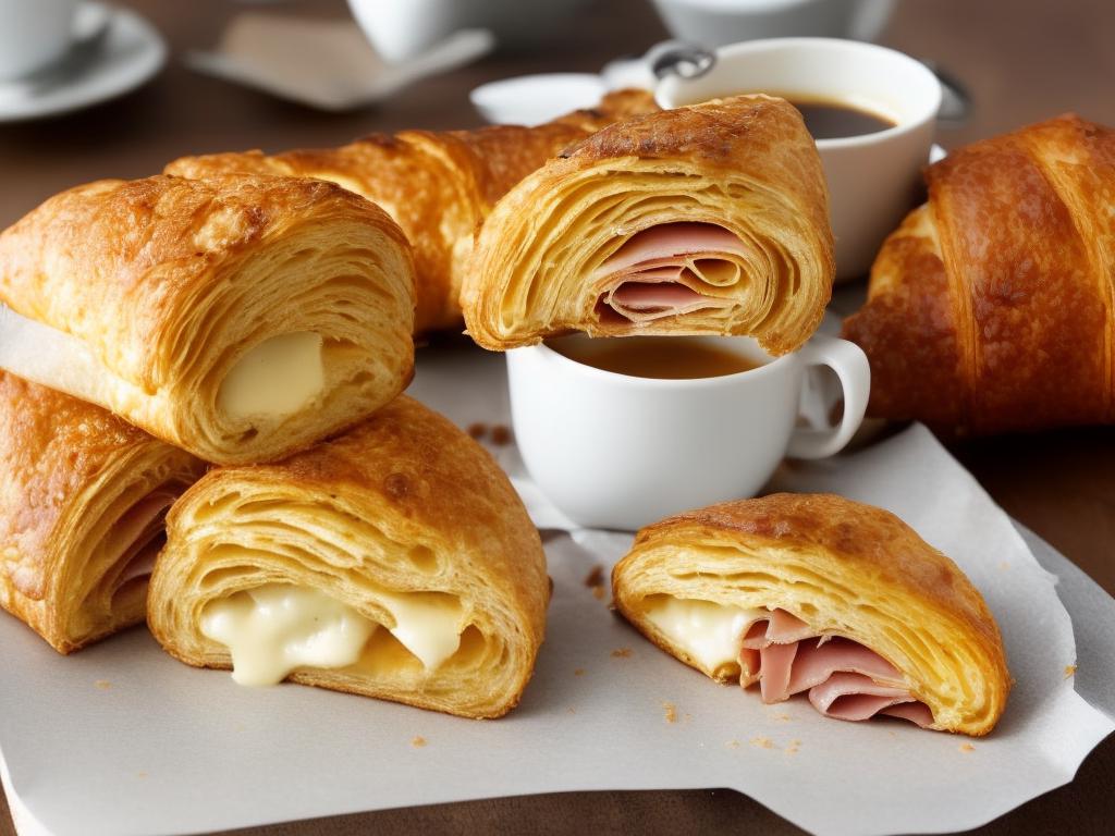 A photo of the Starbucks ham and cheese croissant with a cup of coffee on a table, showing the flaky pastry, melted cheese, and sliced ham inside