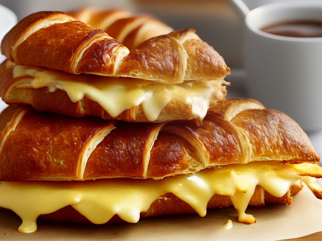 A photo of the Starbucks Ham and Cheese Croissant, showing the flaky croissant filled with ham and melted Swiss cheese.