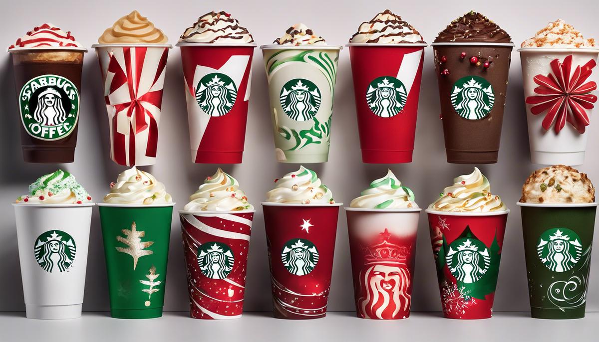 Image of various holiday beverages from Starbucks.