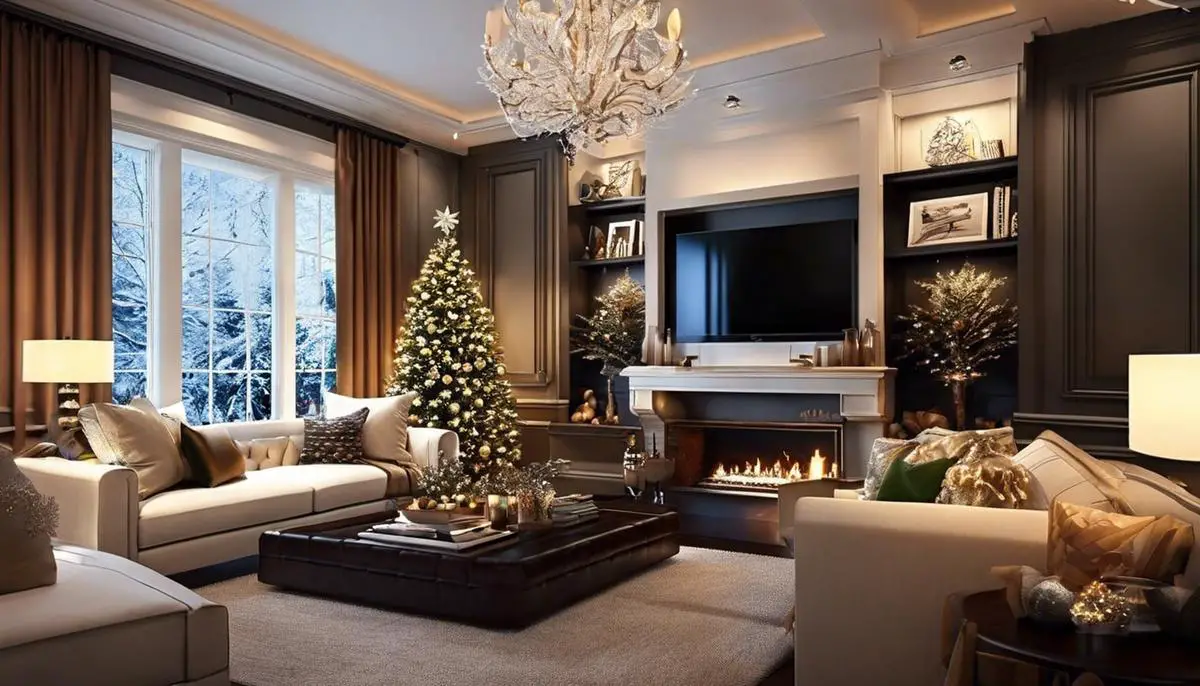 A cozy living room with a cup of coffee and holiday decorations, evoking the Starbucks holiday experience.