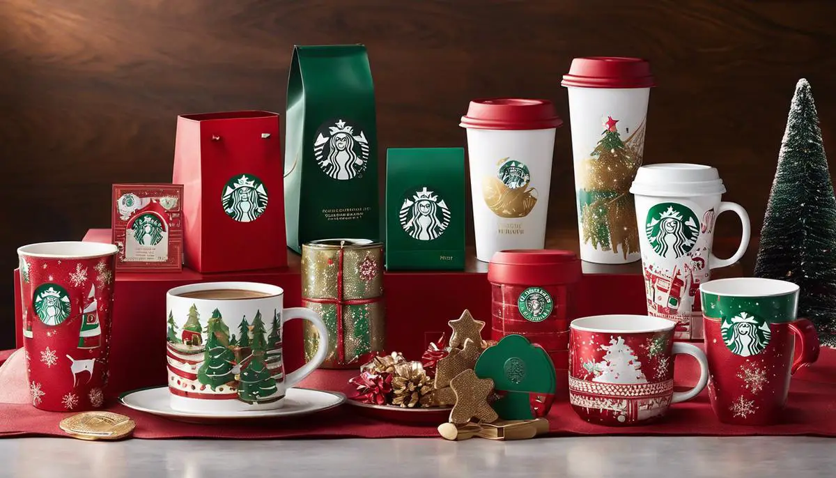 Image of Starbucks' holiday merchandise, featuring ornaments, tumblers, mugs, Christmas Blend coffee, and gift cards.