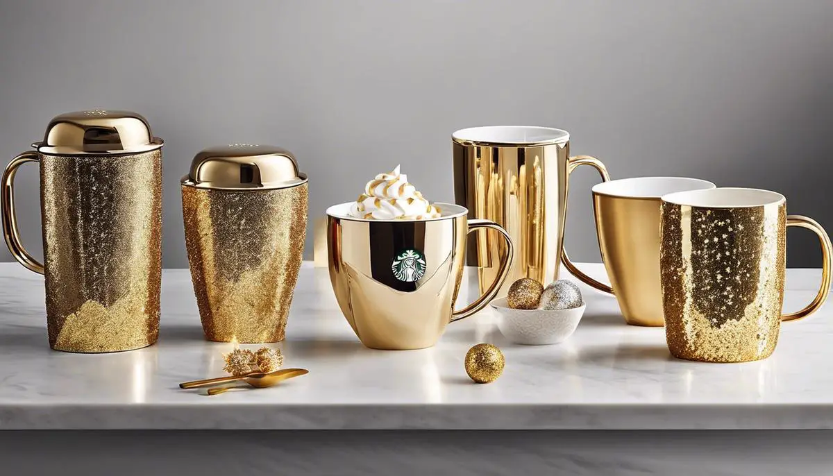 Starbucks holiday merchandise with a variety of designs and themes, from minimalistic winter whites to extravagant gold sequins, adding a stylish twist to the festive season.