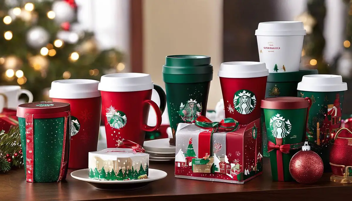 A image showcasing the Starbucks holiday merchandise, including mugs, ornaments, and reusable cups.