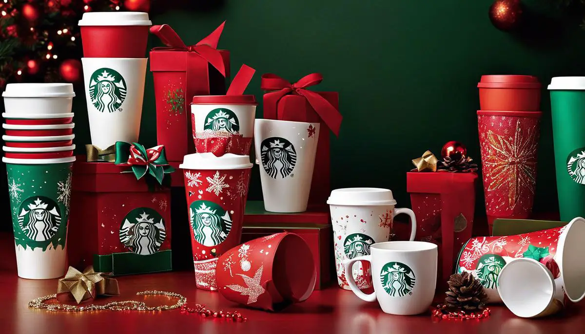 Image description: A display of Starbucks' holiday merchandise, featuring festive mugs, tumblers, and reusable cups, adorned with colorful holiday motifs and patterns.