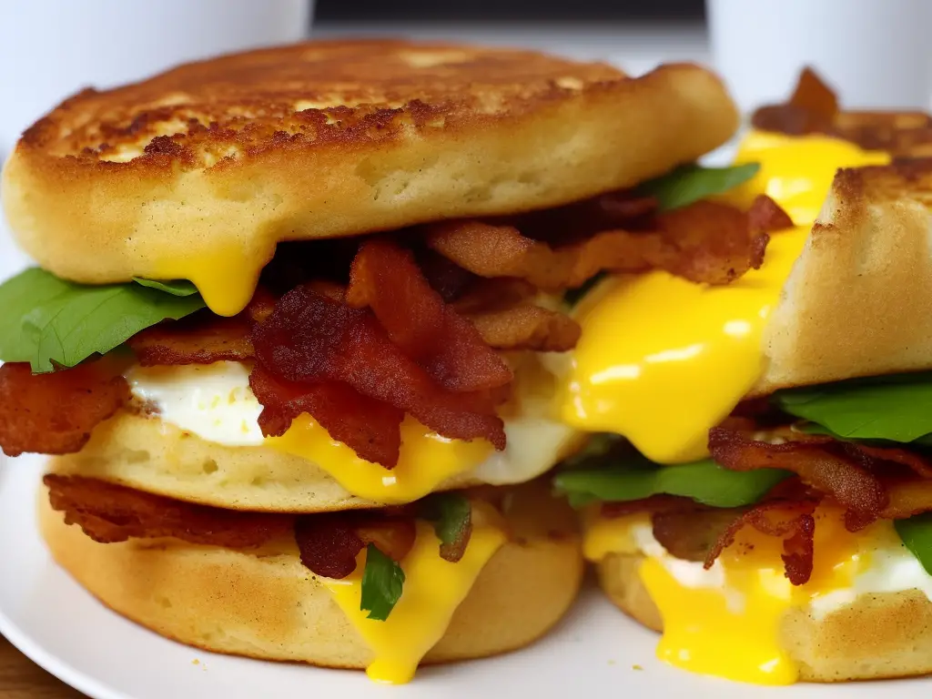 A close up image of the Hot Breakfast Sandwich from Starbucks. It is a fluffy, toasted white roll filled with British pork sausage, crispy smoked bacon, free-range scrambled eggs, and mature cheddar cheese.