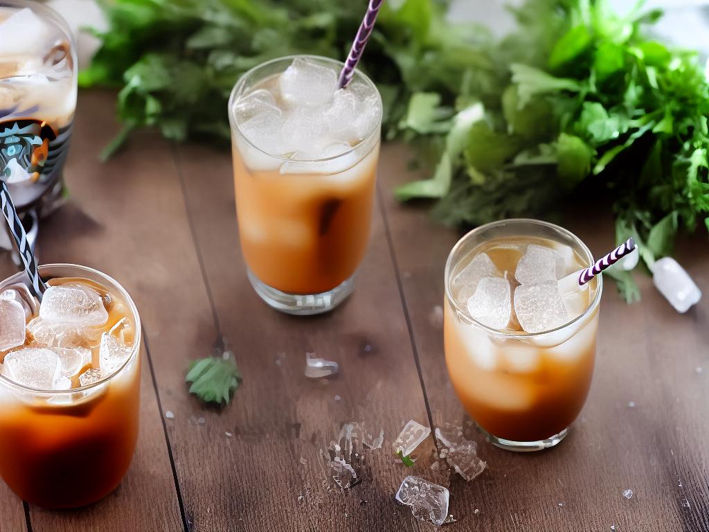 A cold glass of Starbucks iced chai tea with ice cubes and a straw on a wooden table with greenery in the background.