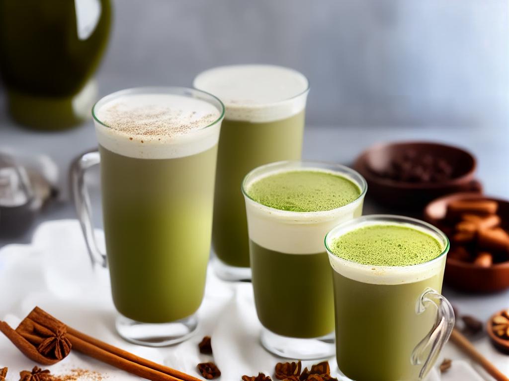 A picture of a Starbucks Matcha Chai Tea Latte in a clear glass cup with a green, foamy top and brown straw. The drink is decorated with white and brown swirls.