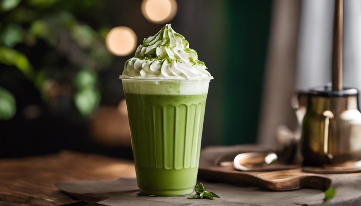 The image showcases a beautiful and perfectly crafted Starbucks Matcha Latte, with vibrant green color and a frothy top, served in a stylish cup. The image represents the irresistible allure and aesthetic charm of Starbucks' Matcha Latte.