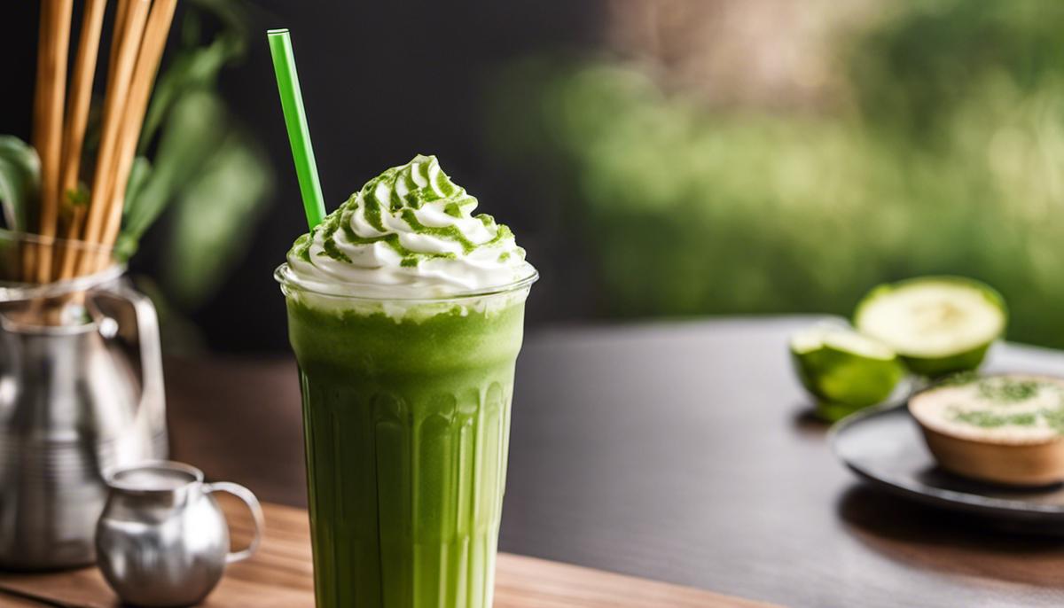 A vibrant green Matcha Latte from Starbucks with frothy milk on top and a green straw sticking out, showcasing its enticing appearance and creamy texture for someone that is visually impaired