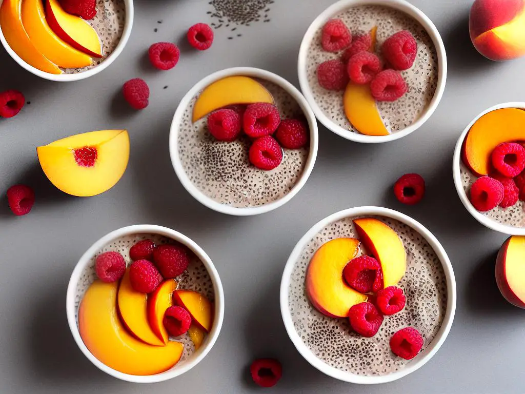A bowl of Starbucks Peach and Raspberry Overnight Oats topped with raspberries, peach slices, and chia seeds