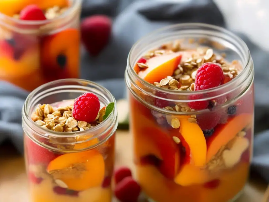A picture of a mason jar filled with peach and raspberry overnight oats, topped with fruit and a drizzle of honey