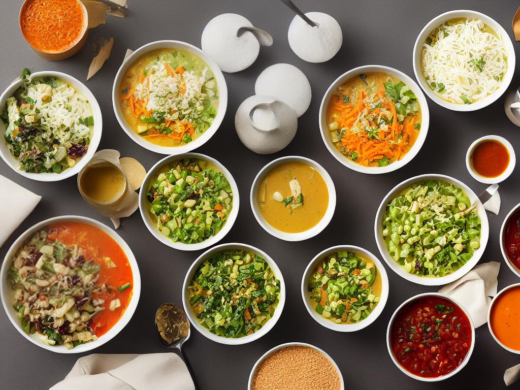 An image of a variety of plant-based salads and soups offered by Starbucks.