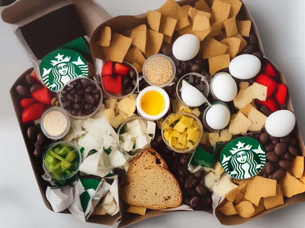 A picture of the Starbucks Protein Box which includes hard-boiled eggs, grilled chicken, cheese, fruit, and either whole grain bread or crunchy crackers.