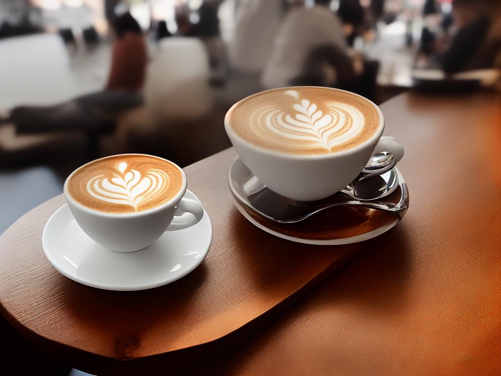 A latte with a beautifully designed latte art on its surface, sitting on a wooden table, with a blurred background of people sitting and chatting in a coffee shop.