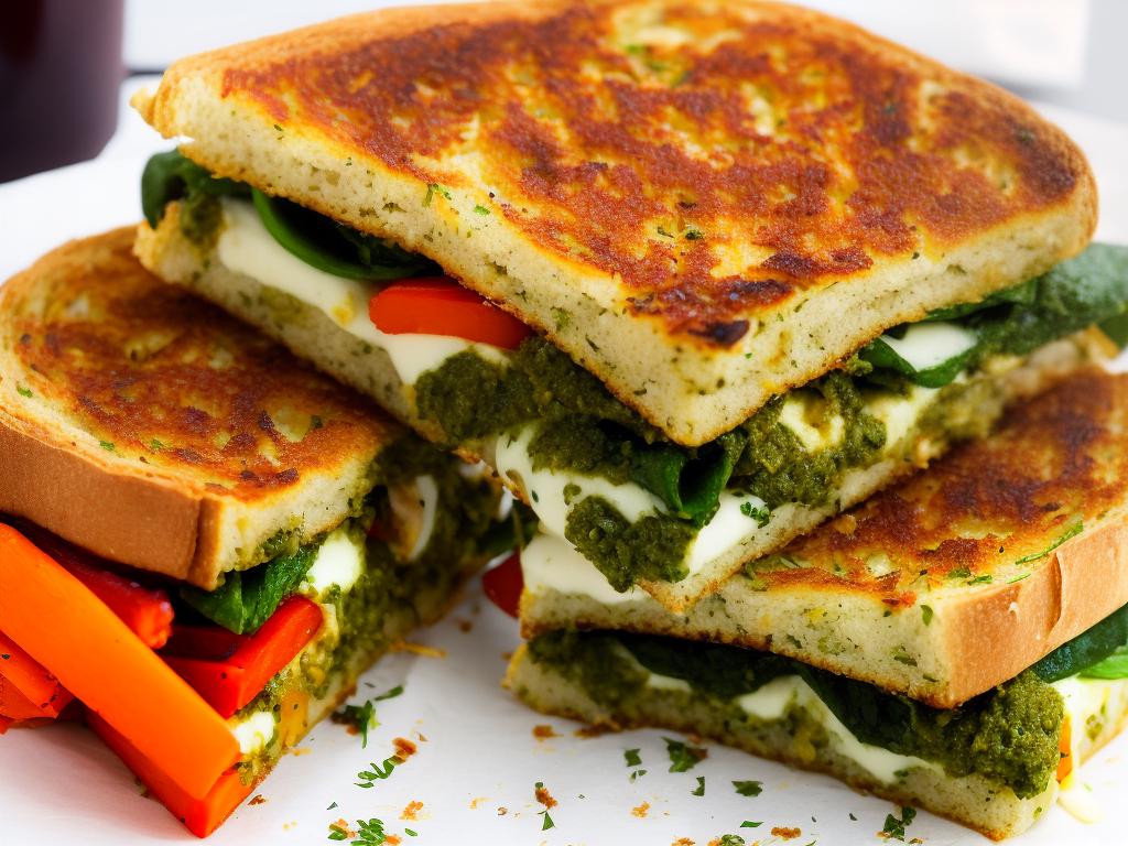 A picture of the Roasted Vegetable and Pesto Hot Sandwich from Starbucks, made with wholesome veggies, vegan pesto, and dairy-free cheese, inside a crusty baguette.