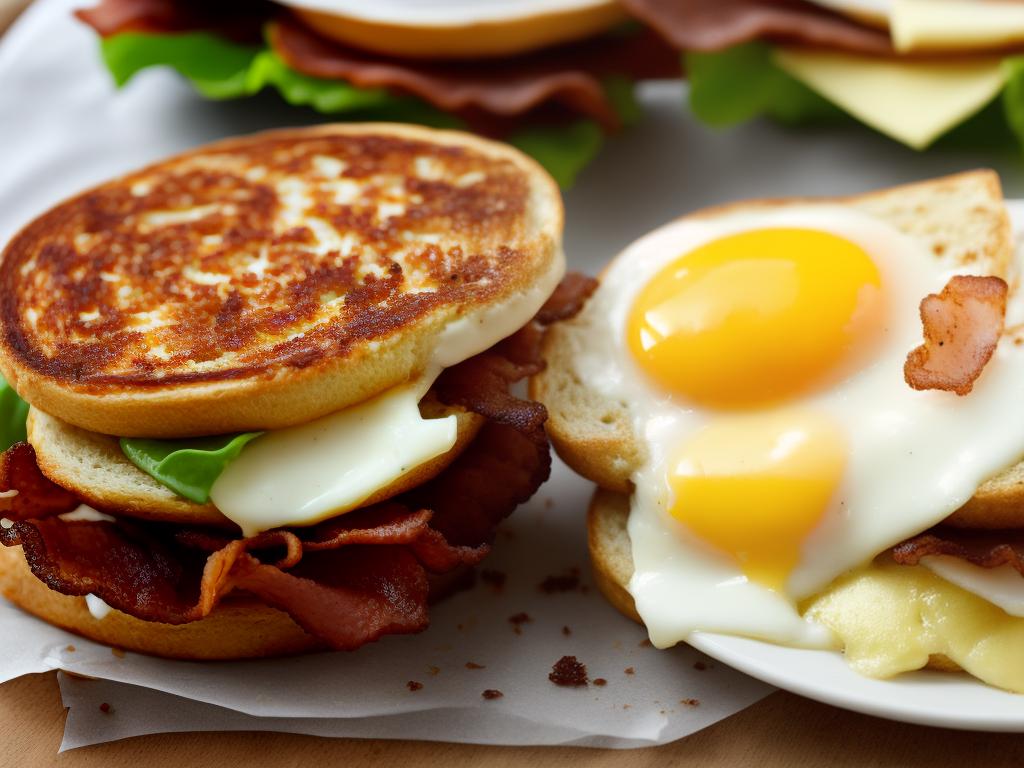 A picture of a Starbucks breakfast sandwich with bacon, gouda cheese and egg on an English muffin.