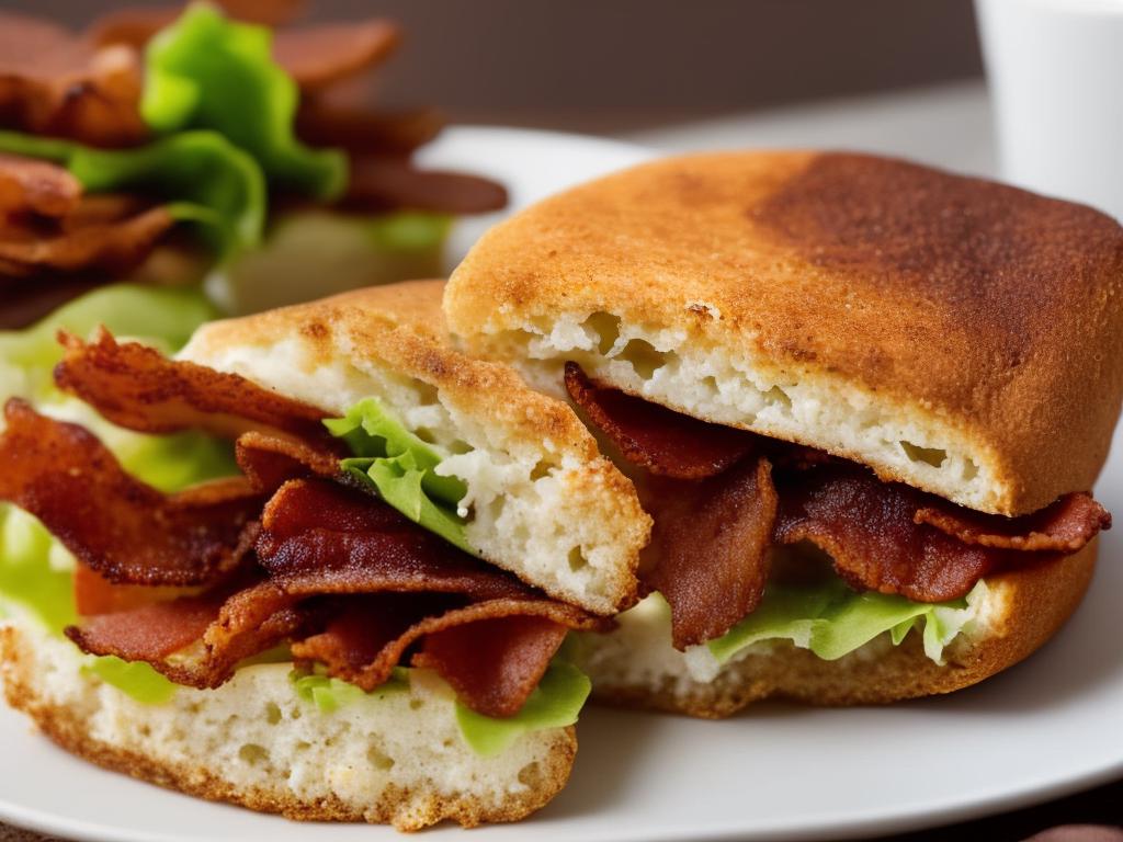A close-up photo of a Starbucks smoked bacon roll on a white plate with coffee in the background