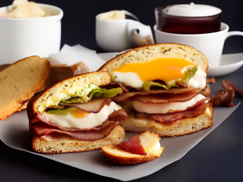 A picture of a Starbucks Smoked Bacon Roll, a delicious breakfast sandwich with fluffy bread, smoked bacon, and additional ingredients such as melted cheese or ketchup, freshly prepared in-store